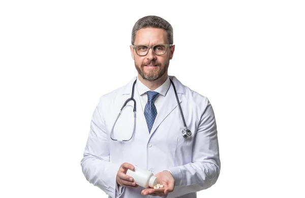 Doctor Con Vitamina Hombre Mantenga Vitamina Aislada Blanco Medicamentos Vitamínicos — Foto de Stock
