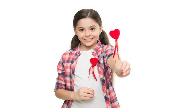 Small Sweet Hearts Valentine Little Kid Shares Heart Shaped Decoration — Stock Photo, Image