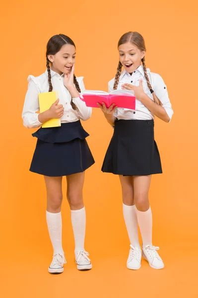 Kindheitserinnerungen Glückliche Mädchen Lernen Mit Notizblock Projektarbeiten Zusammen Literaturstunde Zurück — Stockfoto