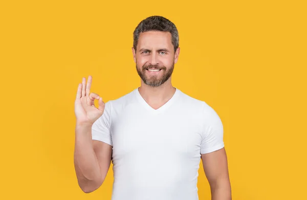 Man Met Baard Casual Shirt Show Gebaar Geïsoleerd Gele Achtergrond — Stockfoto