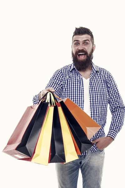Geweldige Keuzes Geweldige Aankopen Happy Hipster Houdt Aankopen Paperbags Geïsoleerd — Stockfoto