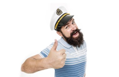 Yaz tatili. Hipster sakal bıyıklı denizci şapkası. Yolcu gemisinin kaptanı. Vahşi denizci beyazüzerinde izole edilmiş. Kaptan kavramı. Gemiye hoş geldiniz. Geminin sakallı kaptanı. Deniz gezisi. Seyahat konsepti.