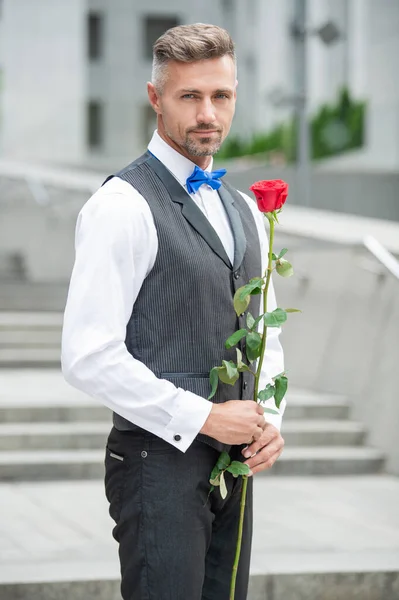 Concept Saint Valentin Smoking Homme Avec Des Valentines Rose Fleur — Photo