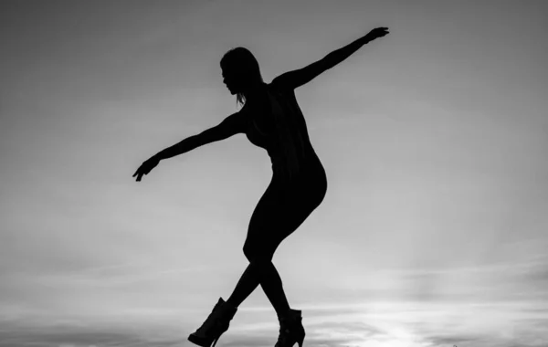 Anmutige Ballerina Sinnliche Frauensilhouette Auf Himmelshintergrund Sinnlichkeit Weibliche Silhouette Bei — Stockfoto