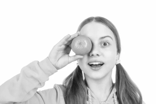 Cheerful Kid Citrus Fruit Mandarin Full Vitamins Isolated White Fruits — Stockfoto