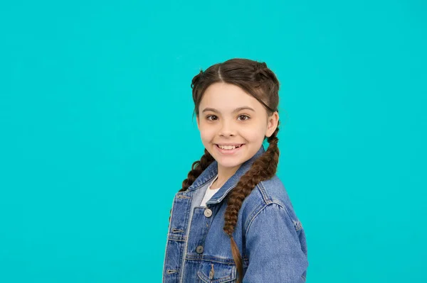 Always make room for little beauty in your life. Happy kid smile blue background. Beauty look of little girl. Beauty salon. Skincare cosmetics. Haircare products. Beautiful inside and out.