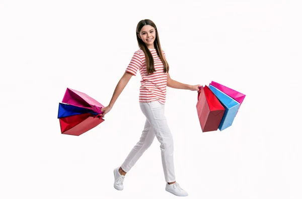 Plná Délka Dospívající Dívka Shopaholic Nákupní Taškou Izolované Bílém Pozadí — Stock fotografie