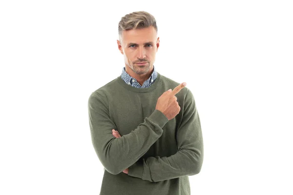 Grizzled Guy Sweater Point Finger Grizzled Guy Has Stubble Studio — Stock Photo, Image