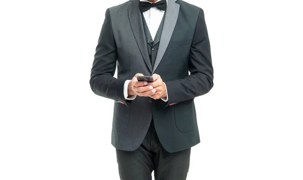 Tuxedo Man Messaging Smartphone Isolated White Background — Stock Photo, Image