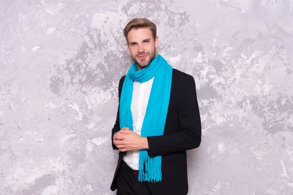 cheerful guy wear business casual style on grey background. guy wearing business casual style in studio. guy wear business casual style with scarf. photo of guy wear business casual style.