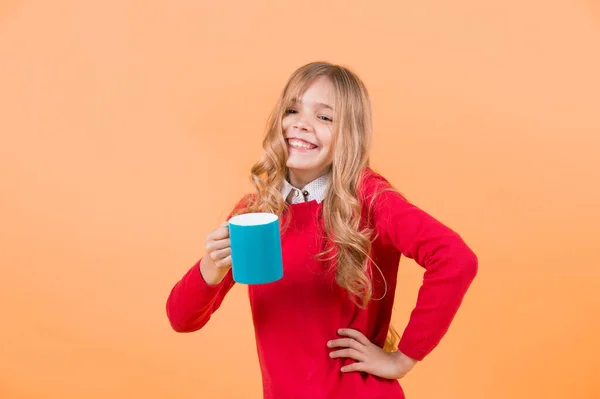 Girl Long Blond Hair Red Sweater Hold Mug Child Smile — Stock Photo, Image