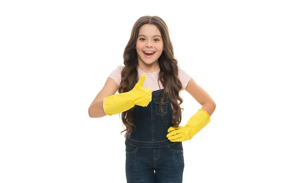 Καθαρίστρια Γάντια Καθαρισμού Που Δείχνει Τον Αντίχειρα Έφηβος Κορίτσι Καθαρότερο — Φωτογραφία Αρχείου
