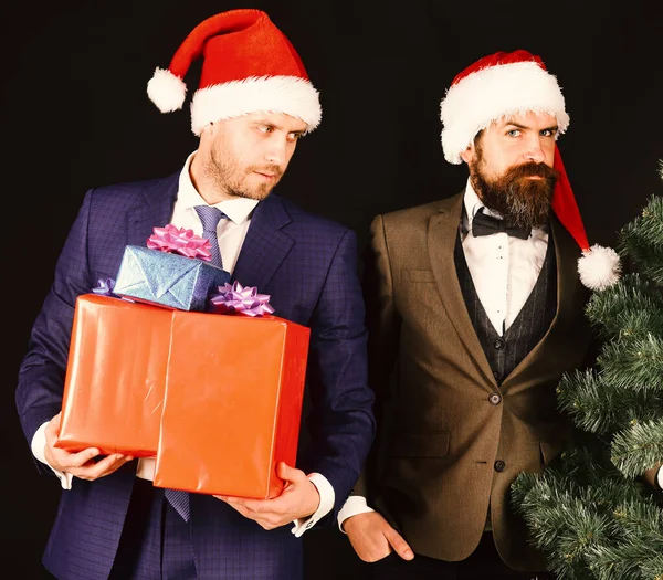 Manažeři Vousy Připravují Vánoce Podnikatelé Zvědavými Tvářemi Drží Vánoční Stromeček — Stock fotografie