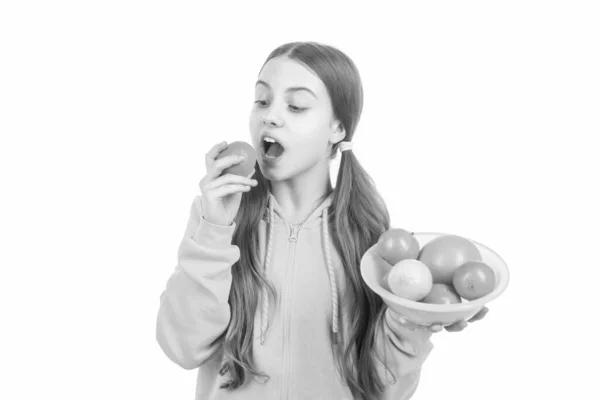 Alegre Adolescente Chica Con Cítricos Lleno Vitaminas Aisladas Blanco Alimentación —  Fotos de Stock