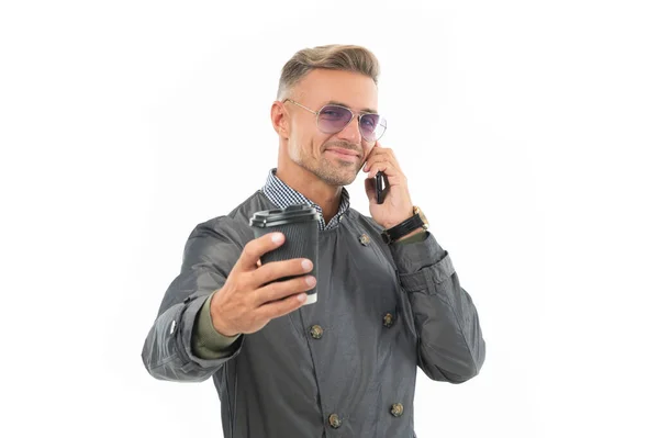 Feliz Sonriente Hombre Negocios Profesional Ejecutivo Abrigo Formal Hablando Teléfono — Foto de Stock