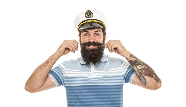 Man Cheerful Captain Sailor Hat Trip World Mad Travel Concept — Stock Photo, Image