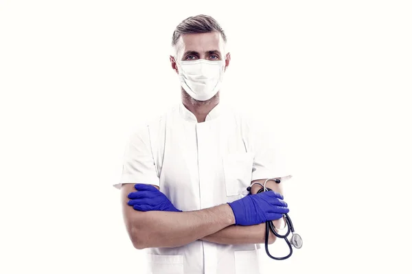 Mężczyzna Lekarz Terapeuta Stetoskopem Noszenie Maski Respiratora Rękawice Chirurgiczne Podczas — Zdjęcie stockowe
