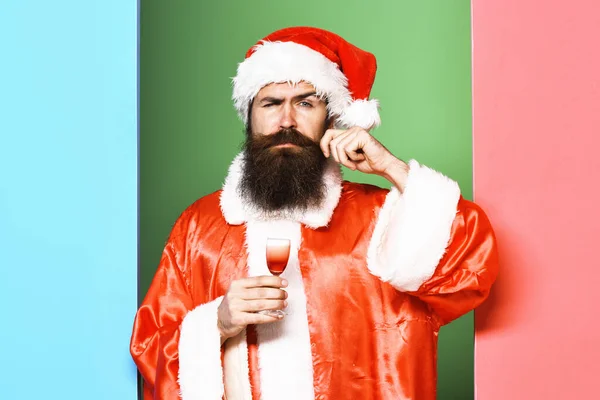 Handsome Bearded Santa Claus Man Long Beard Serious Face Holding — Stock Photo, Image