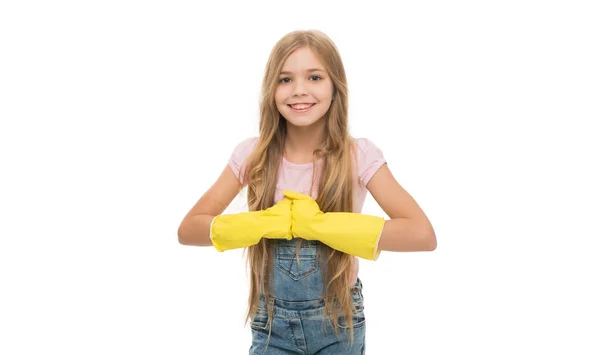 Gelukkig Tiener Meisje Schoner Handschoenen Geïsoleerd Witte Achtergrond Schoner Meisje — Stockfoto
