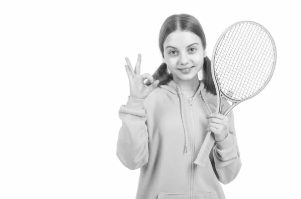 Cheerful Girl Child Hold Tennis Badminton Racket Show Gesture Isolated — Foto Stock