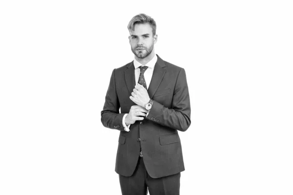 Sebevědomý Úspěšný Podnikatel Obleku Náramkové Hodinky Izolované Bílém Podnikatel — Stock fotografie