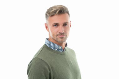 Gri kazaklı adamın yüzü. Boz adamın portresinin sakalı var. Boz adamın stüdyo yüzü. Beyaz arka planda sakallı, olgun, kır erkek portresi.