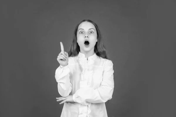 Schockiertes Kind Weißen Hemd Erhobener Finger Inspiriert Von Toller Idee — Stockfoto