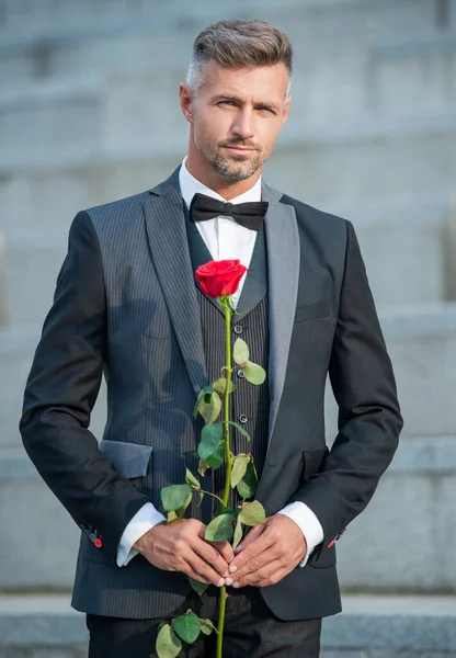 Ειδική Περίπτωση Έννοια Όμορφος Άντρας Τριαντάφυλλο Για Ειδική Περίσταση Σμόκιν — Φωτογραφία Αρχείου