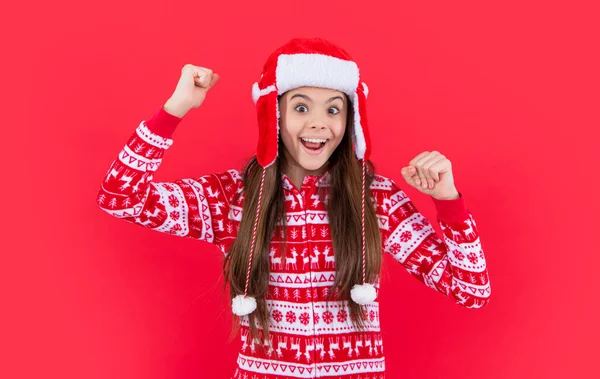 Feliz Navidad Sorpresa Adolescente Chica Rojo Navidad Santa Auricular Sombrero — Foto de Stock