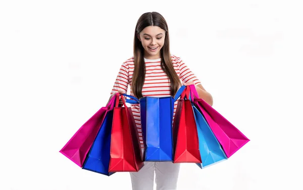 Überraschte Teenie Mädchen Shopaholic Mit Einkaufstasche Isoliert Auf Weißem Hintergrund — Stockfoto