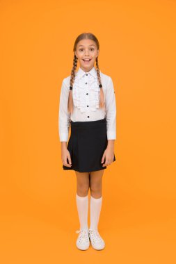 Mükemmel liseli kız. Gülümseyen küçük liseli kız. Okul üniforması içinde küçük kız güzel görünüyor. Uzun saçlı tatlı bir kız öğrenci. Okula tekrar hoş geldin. Mezuniyet konsepti. İlkokul.