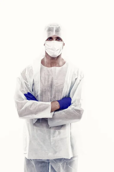 Medical Worker Man Protective Costume Isolated White Keep Safe Covid19 — Stock Photo, Image