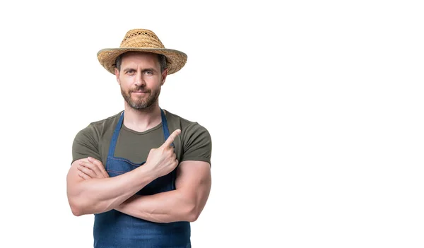 stock image caucasian man in hat and apron isolated on white background. point finger on copy space.