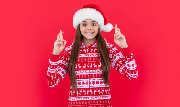 Καλά Χριστούγεννα Ευτυχισμένη Έφηβη Κόκκινο Χριστουγεννιάτικο Καπέλο Κάνε Ευχή Έφηβος — Φωτογραφία Αρχείου