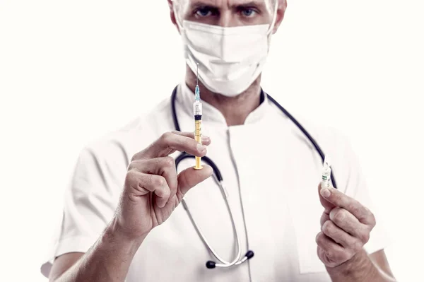 Paramédico Mascarilla Facial Médica Mantenga Jeringa Ampolla Con Vacuna Covid — Foto de Stock