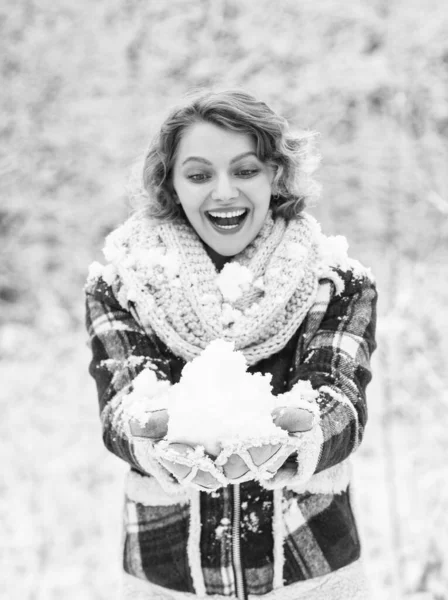 寒さだ スノーフォレストの女性暖かい服 白い雪に覆われた木々 女の子は雪玉を楽しんでいる 霜降りで面白い天気 冬休みの活動 陽気な女はクリスマス休暇を楽しむ — ストック写真