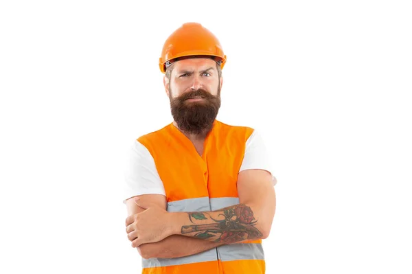 Confused Supervisor Man Uniform Bearded Supervisor Man Orange Vest Studio — Stock Photo, Image