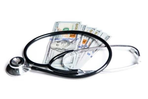 Medicinsk Ersättning Välgörenhetsbesparingar Pengar För Läkemedelskostnader Selektivt Fokus Stetoskop Läkemedelskostnader — Stockfoto