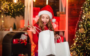 Hediyelik eşya ve dekor al. Evden alışveriş. Alışveriş torbalı küçük bir kız. Alışveriş merkezi konsepti. Satış ve indirimler. Yetenekli küçük kız. Kış alışverişi. Noel indirimi. Tatil satın alma tasarrufu.