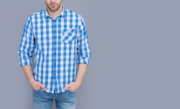 Cropped View Guy Having Stubble Guy Checkered Shirt Isolated Grey — Stock Photo, Image