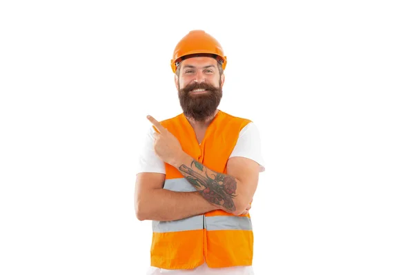 Cheerful Contractor Pointing Finger Isolated White Background Contractor Man Uniform — Stock Photo, Image