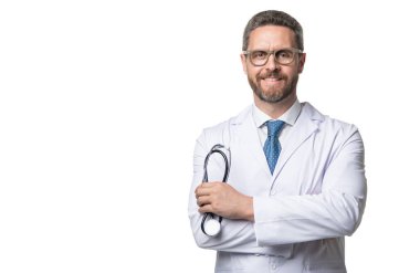 Steteskoplu gülümseyen bir doktor. Doktor beyazı izole etti. Tıp doktoru..