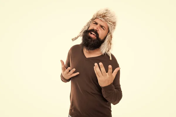 Emotional Brutal Hipster Beard Earflape Hat Isolated White Background Emotional — Stock Photo, Image