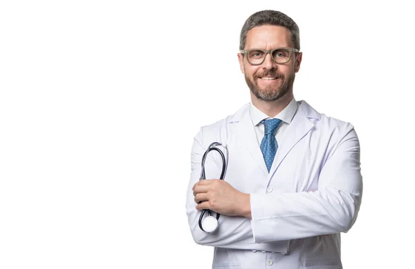 Uśmiechnięty Lekarz Stetoskopem Lekarz Odizolowany Biało Lekarz Medycyna Człowiek — Zdjęcie stockowe