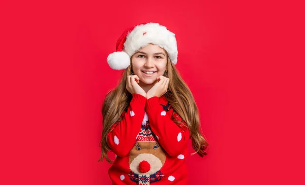 Mutlu Xmas Noel Baba Şapkalı Genç Kız Kırmızı Xmas Arka — Stok fotoğraf