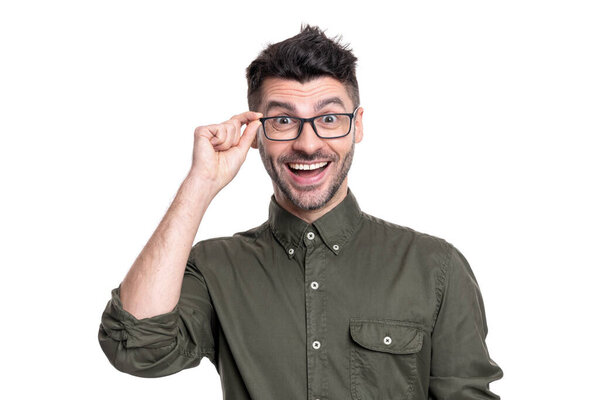 employee man portrait in studio. employee in glasses. adult employee man wear shirt. portrait of happy man employee isolated on white background.