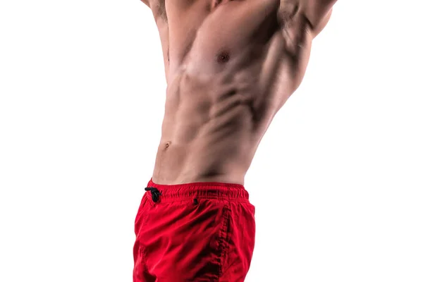 Buikspieren Romp Bodybuilder Met Buikspieren Bodybuilding Pose Geïsoleerd Wit Bijgesneden — Stockfoto