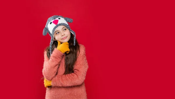 teen girl fashion model in winter earflap hat, copy space. teen girl in winter fashion hat isolated on red. teen girl wear sweater and winter fashion hat in studio. winter fashion for teen girl.