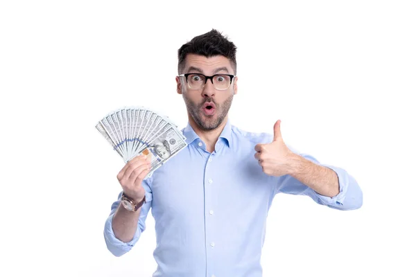 Rich Sorprendió Hombre Con Billetes Dinero Haciendo Gastando Dinero Dinero — Foto de Stock