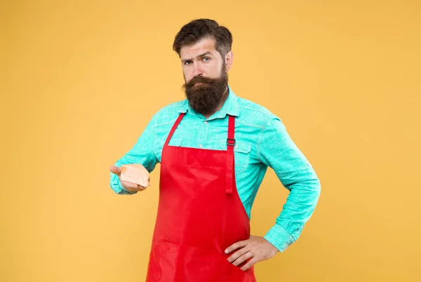 Lactose. Gourmet product. Cheesemaking concept. Cheese maker. Cheese making techniques. Online shopping. Diet and nutrition. Bearded man in apron hold piece cheese. Dairy product derived from milk.